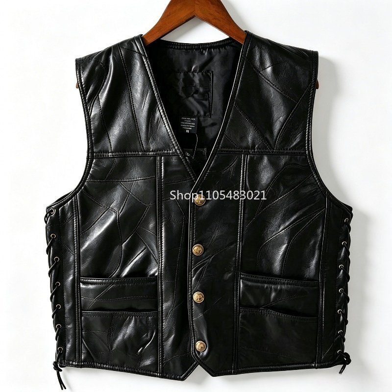 Men's Black Patchwork Leather  - Motorcycle Gear Vest ulasan dan harga